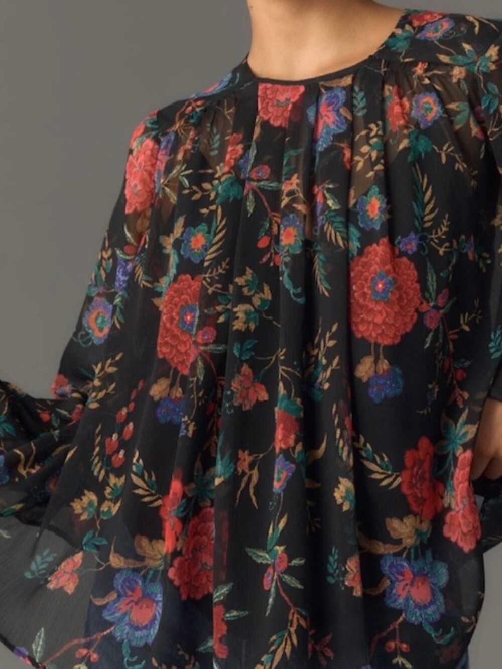 Maeve XL Black Floral Semi Shear Lined Long Sleeve Blouse EUC - Picture 4 of 9